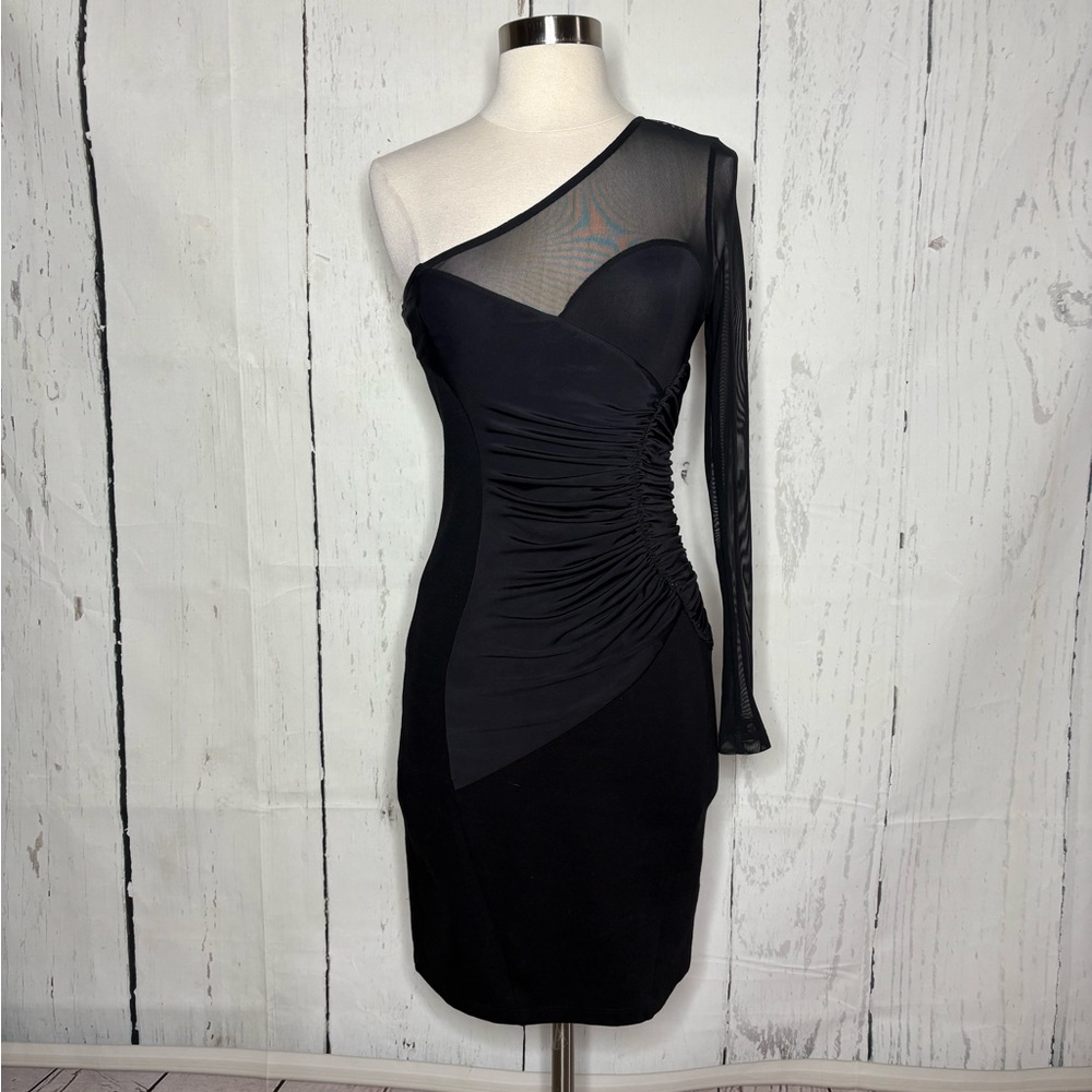 bebe Black One-Shoulder Dress with Sheer Sleeve